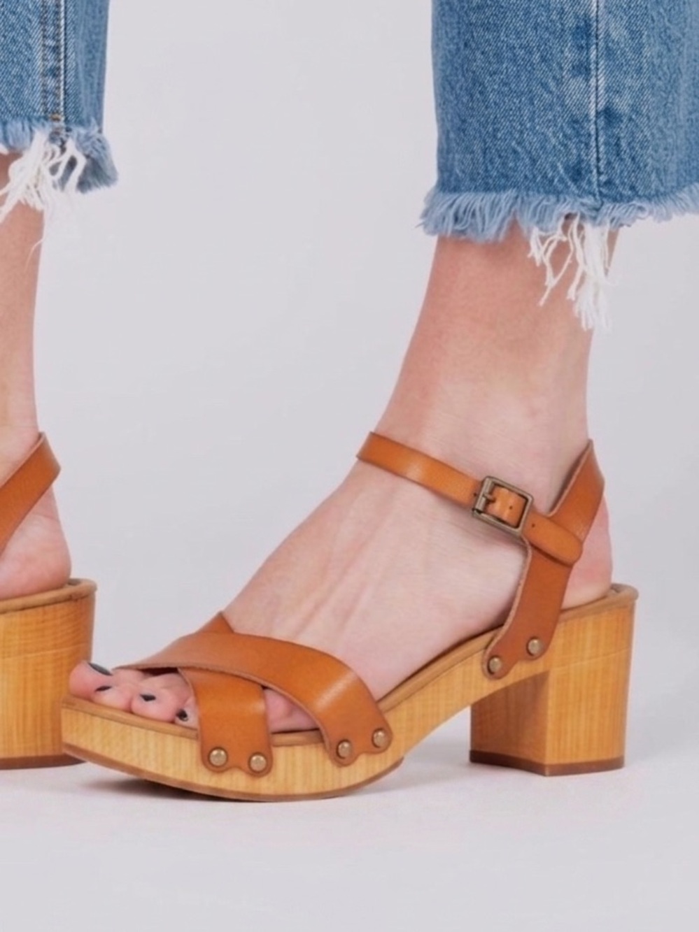 Mia Susan Faux Leather/Wooden Heel Platform Clog Sandals Adjustable Ankle Buckle